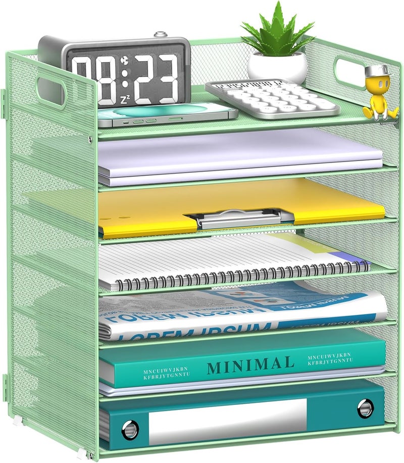 ReePlan 7 Tier Paper Organizer - Mesh Desktop File Holder with Handles for Office School Desk, Black (Mint green) - Image 1